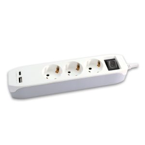 Utičnica 3-struka L =3m sa sklopkom + USB A+C, bijelo-siva