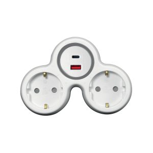 Razdjelnik 2-struki s USB punjačem A+C, PD20W, bijelo-sivi